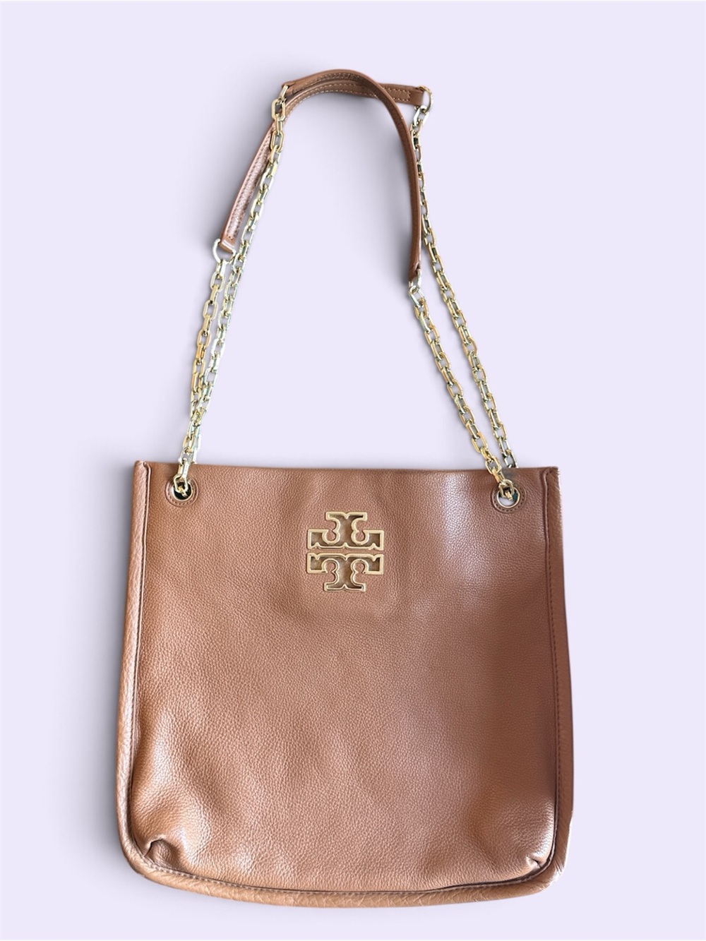 Tory Burch Cognac Leather Shoulder Bag with Gold Logo Chain